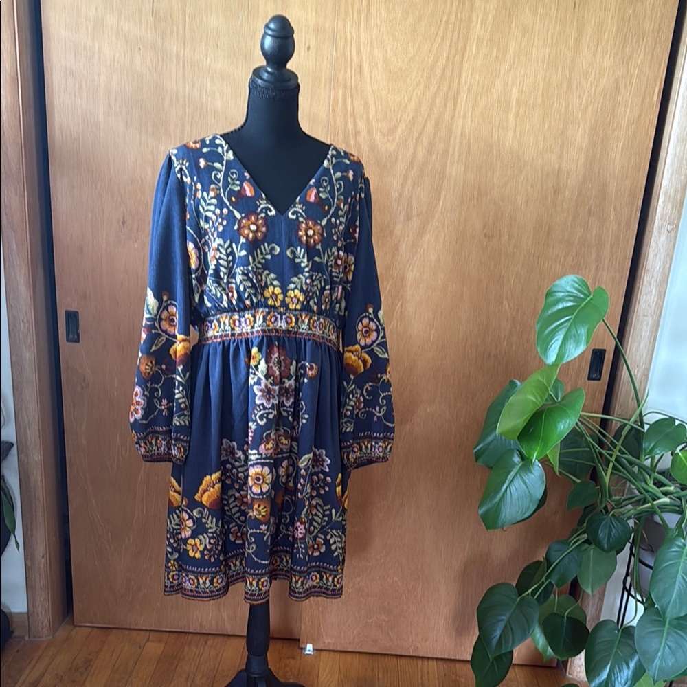 London Times Navy Floral V-Neck Long Sleeve Dress